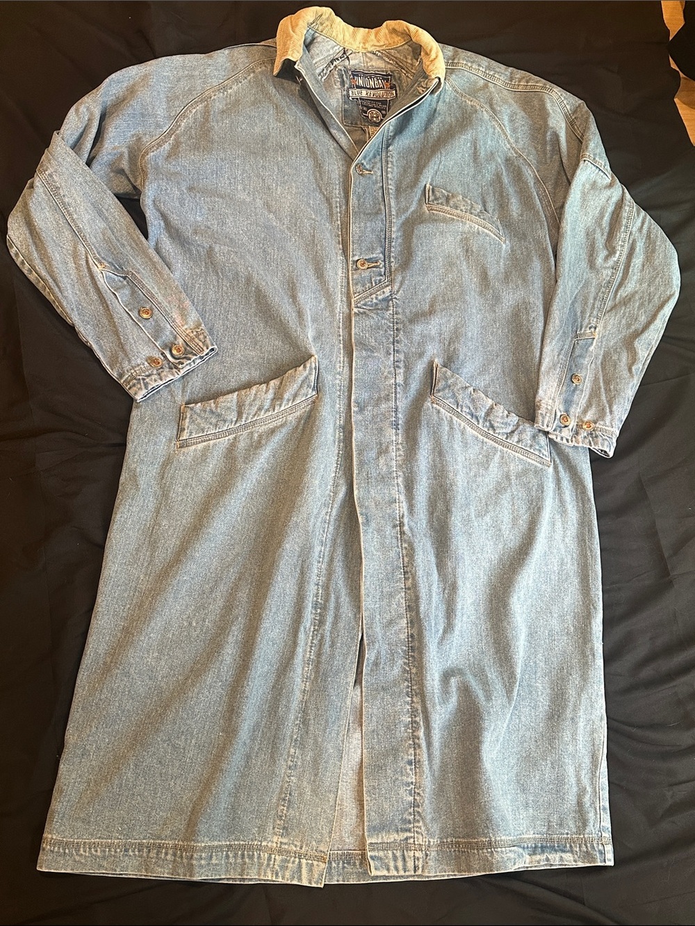 Vintage UNIONBAY Light Blue Denim Trench Coat with Tan Corduroy Collar